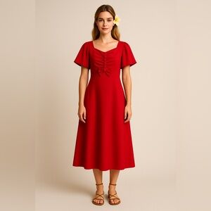 Vintage Aloha Noelani Casuals Made in Hawaii Red Flutter Sleeves Midi Dress